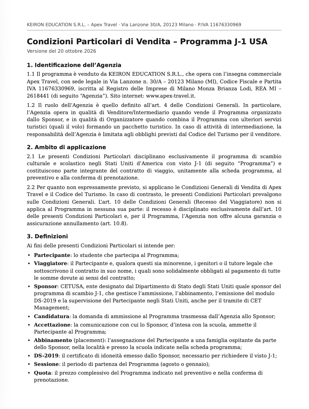 Condizioni Generali di Vendita – Programma J-1 USA
